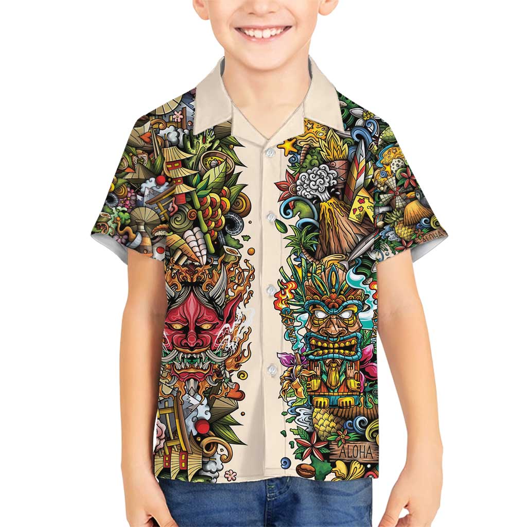 Hawaii And Japan Family Matching Off Shoulder Short Dress and Hawaiian Shirt Tiki With Oni Mask - Polynesian Pride