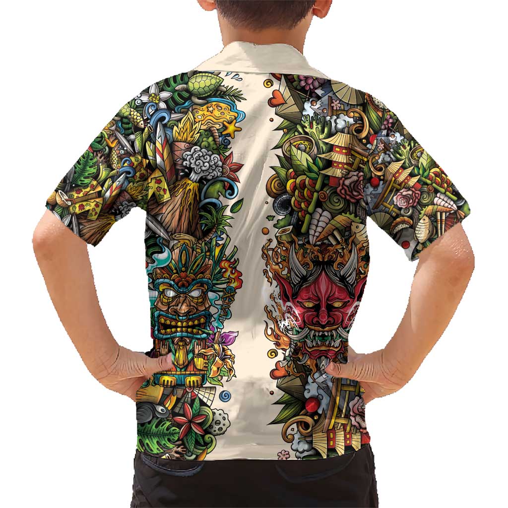 Hawaii And Japan Family Matching Short Sleeve Bodycon Dress and Hawaiian Shirt Tiki With Oni Mask - Polynesian Pride