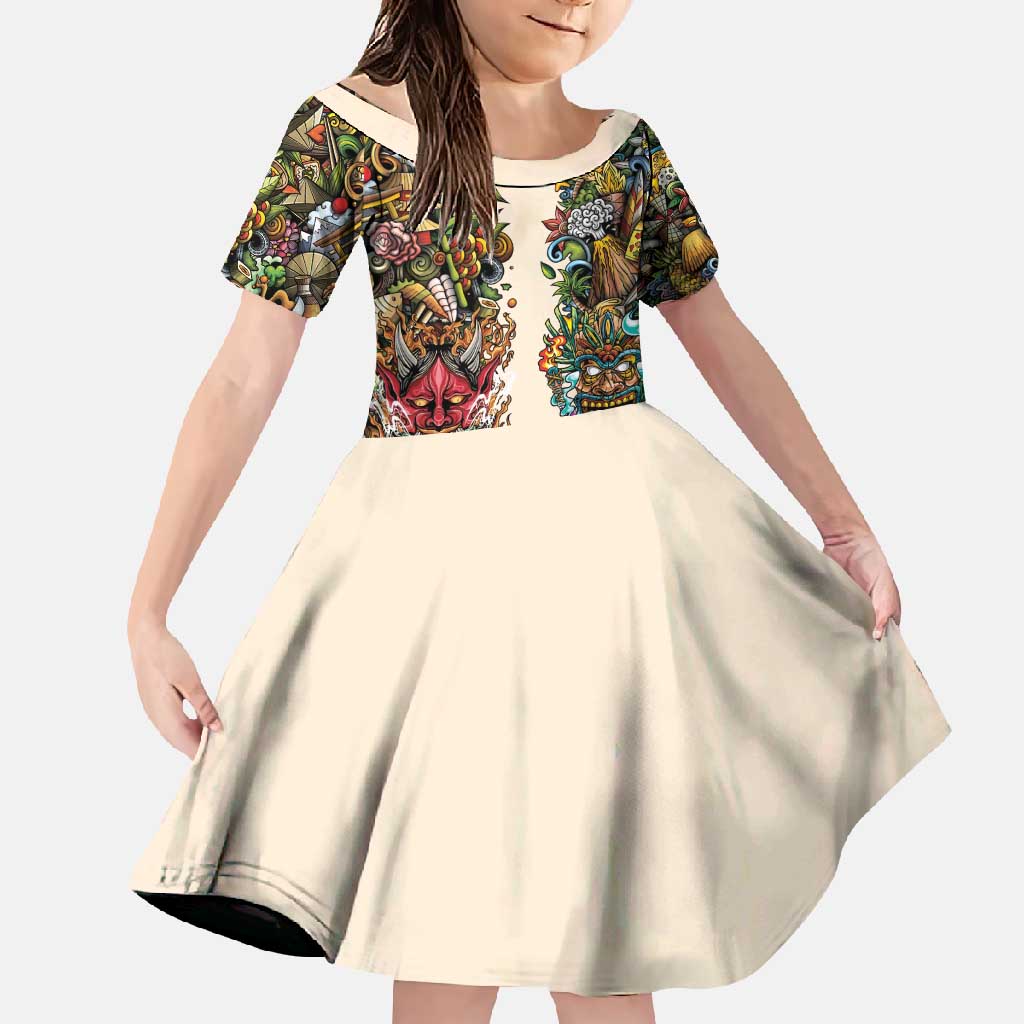 Hawaii And Japan Family Matching Short Sleeve Bodycon Dress and Hawaiian Shirt Tiki With Oni Mask - Polynesian Pride