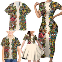 Hawaii And Japan Family Matching Short Sleeve Bodycon Dress and Hawaiian Shirt Tiki With Oni Mask - Polynesian Pride