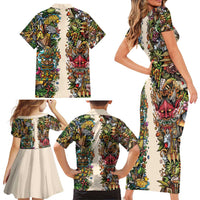 Hawaii And Japan Family Matching Short Sleeve Bodycon Dress and Hawaiian Shirt Tiki With Oni Mask - Polynesian Pride