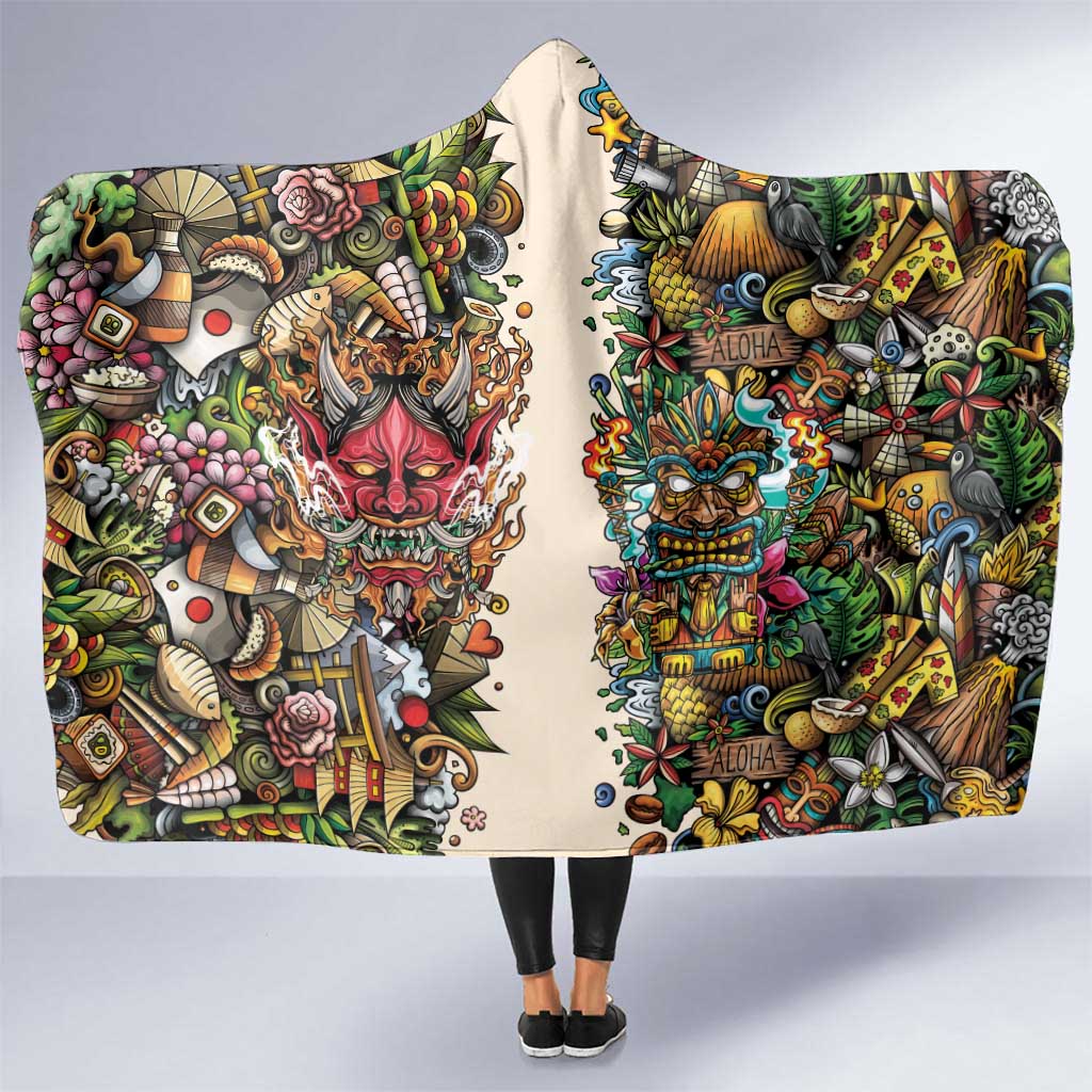 Hawaii And Japan Hooded Blanket Tiki With Oni Mask - Polynesian Pride