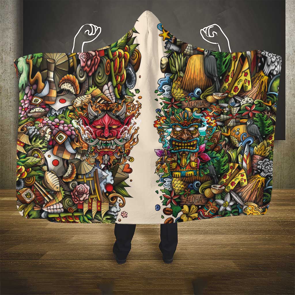 Hawaii And Japan Hooded Blanket Tiki With Oni Mask - Polynesian Pride