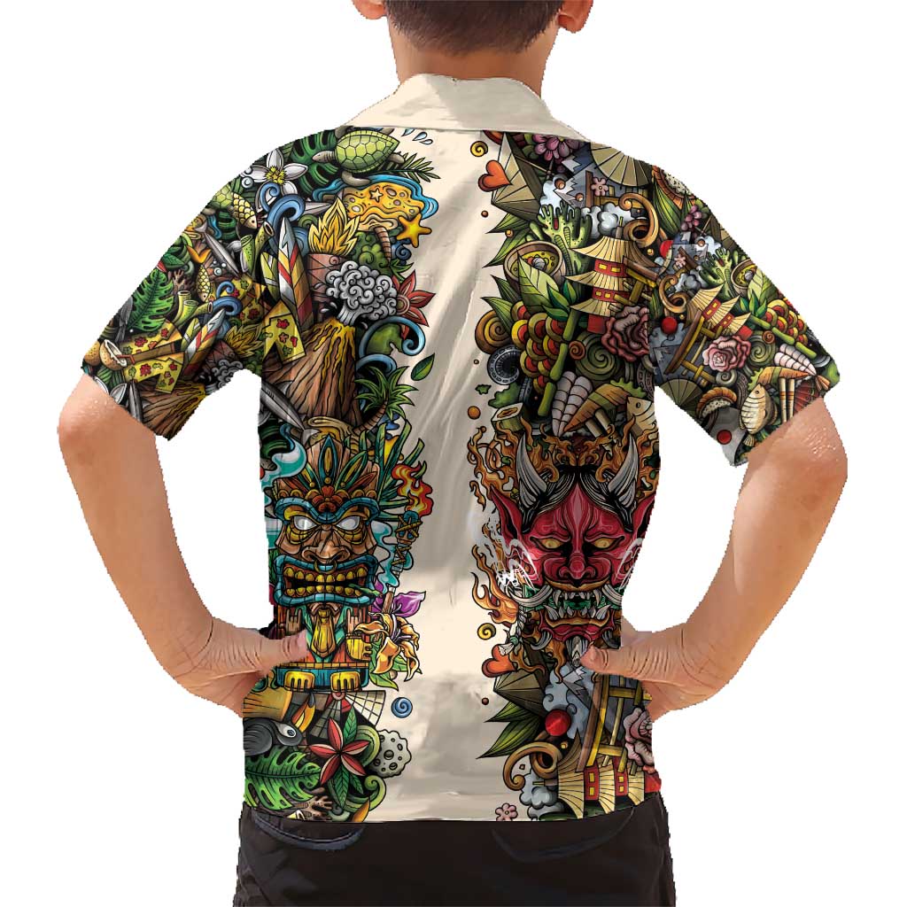Hawaii And Japan Kid Hawaiian Shirt Tiki With Oni Mask - Polynesian Pride