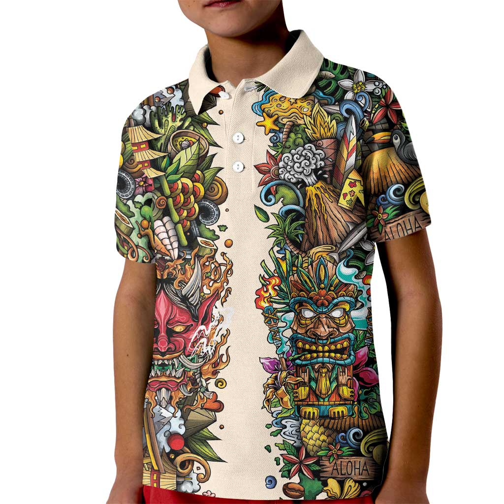 Hawaii And Japan Kid Polo Shirt Tiki With Oni Mask LT05 Kid Colorful - Polynesian Pride