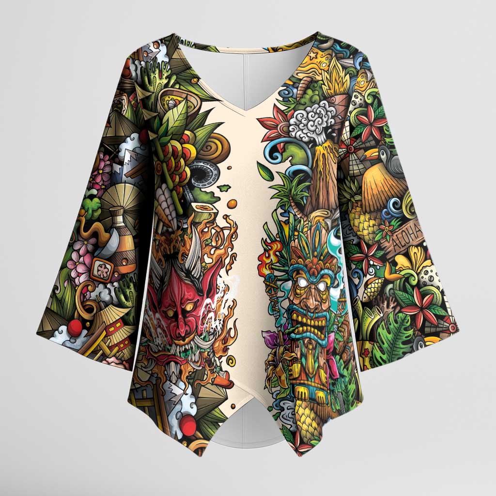 Hawaii And Japan Kimono Sleeve Blouse Tiki With Oni Mask - Polynesian Pride