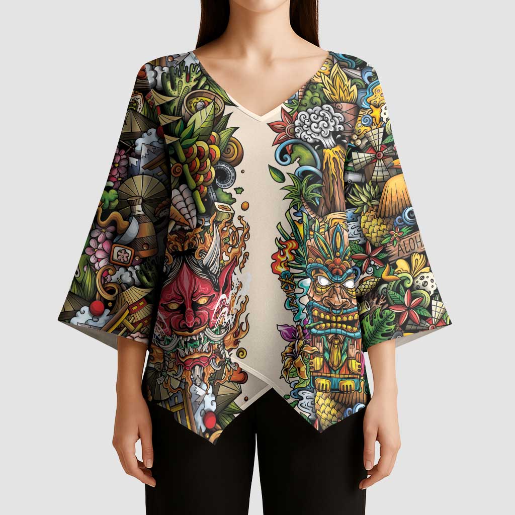 Hawaii And Japan Kimono Sleeve Blouse Tiki With Oni Mask - Polynesian Pride