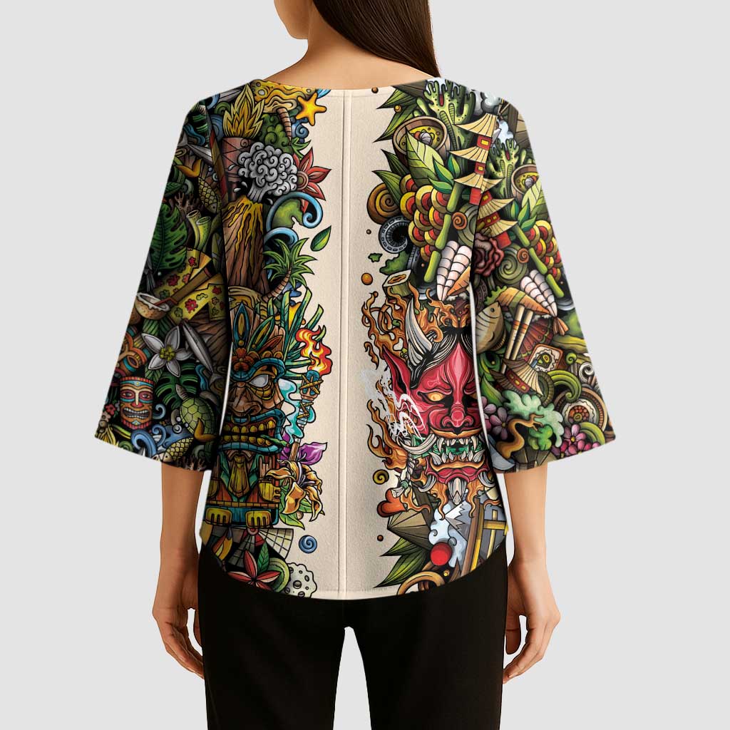 Hawaii And Japan Kimono Sleeve Blouse Tiki With Oni Mask - Polynesian Pride