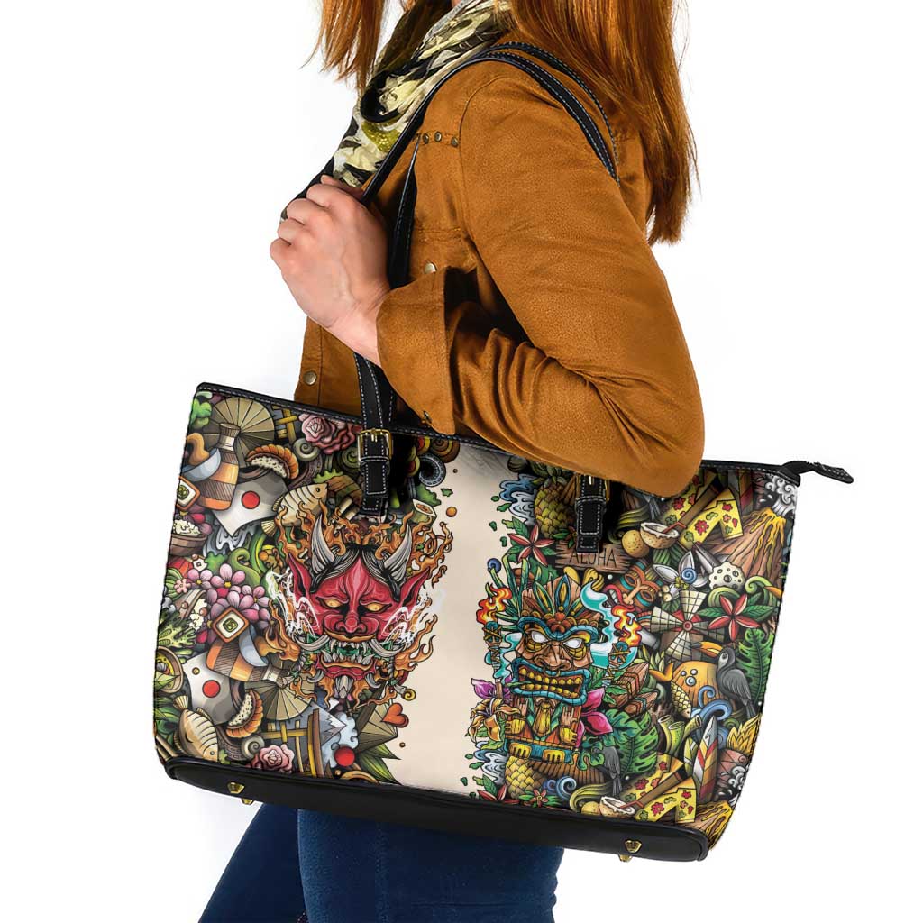 Hawaii And Japan Leather Tote Bag Tiki With Oni Mask LT05 Colorful - Polynesian Pride