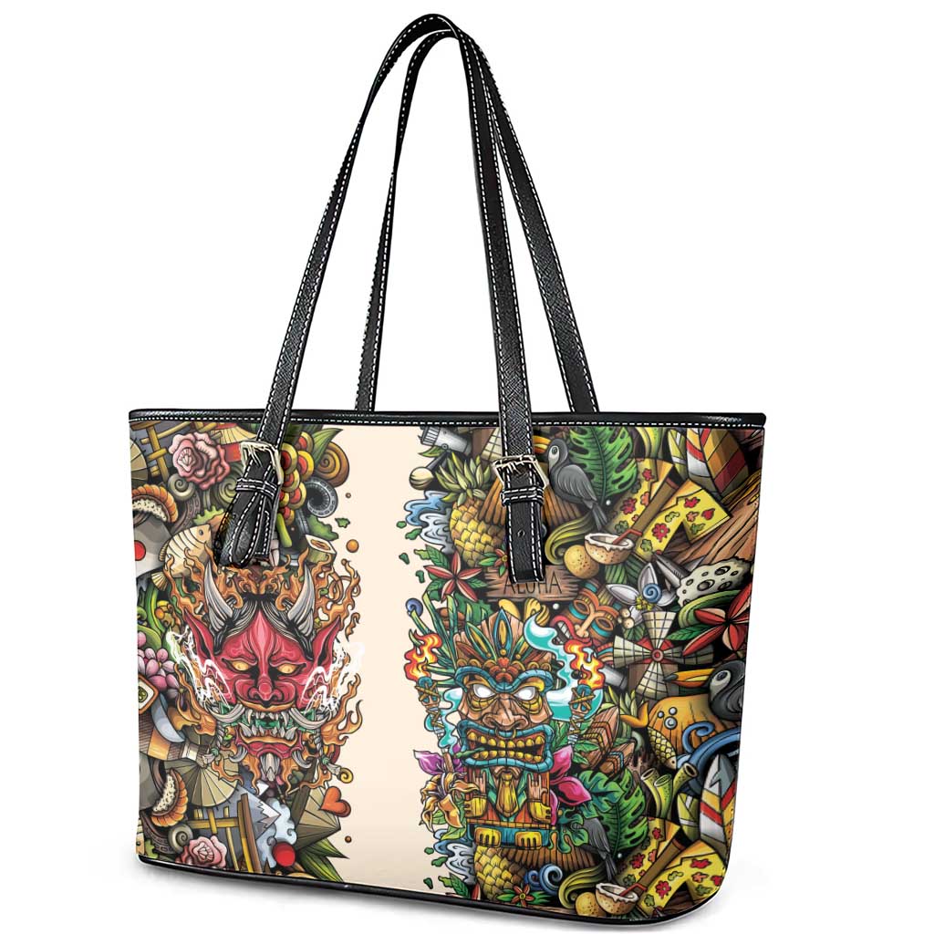 Hawaii And Japan Leather Tote Bag Tiki With Oni Mask - Polynesian Pride