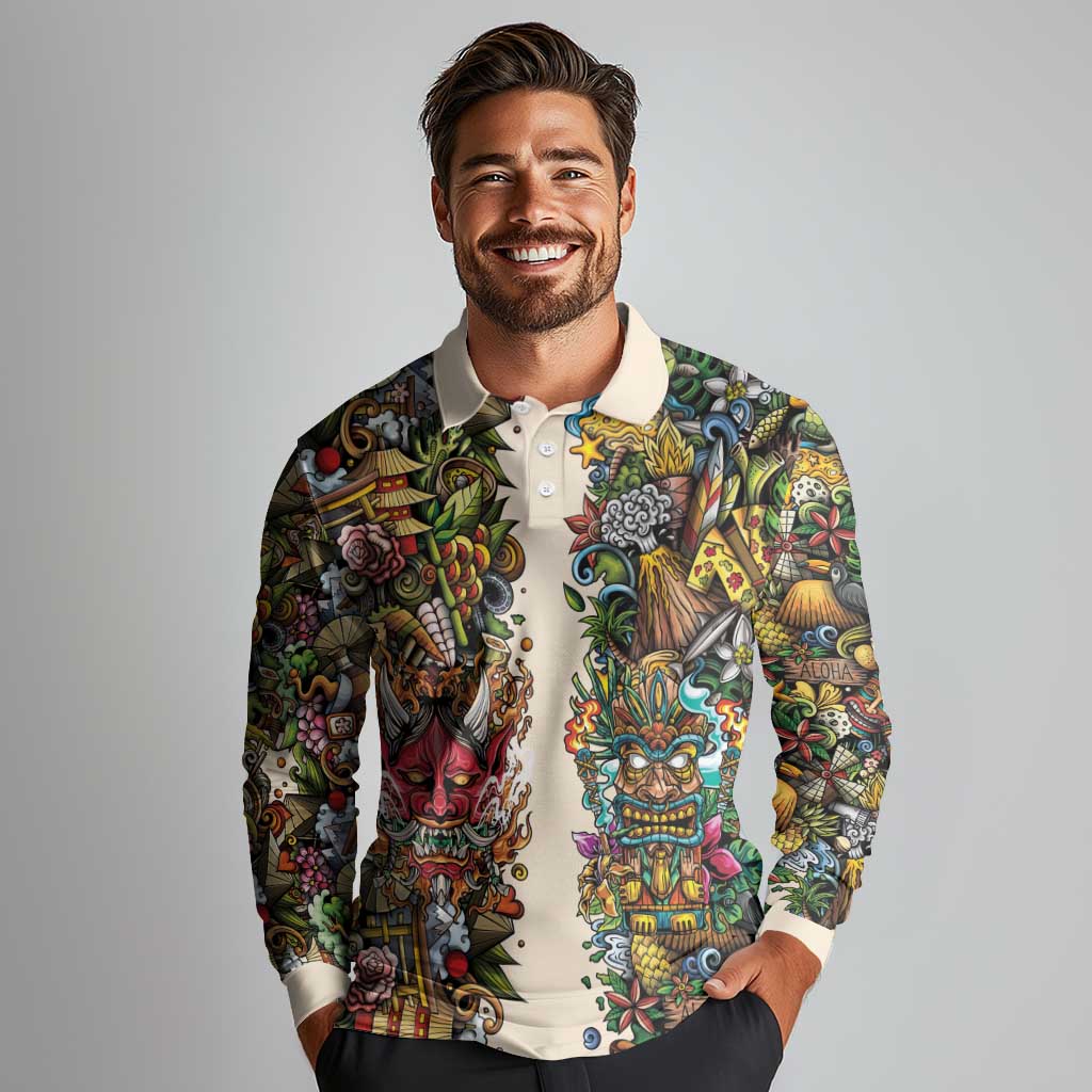 Hawaii And Japan Long Sleeve Polo Shirt Tiki With Oni Mask - Polynesian Pride