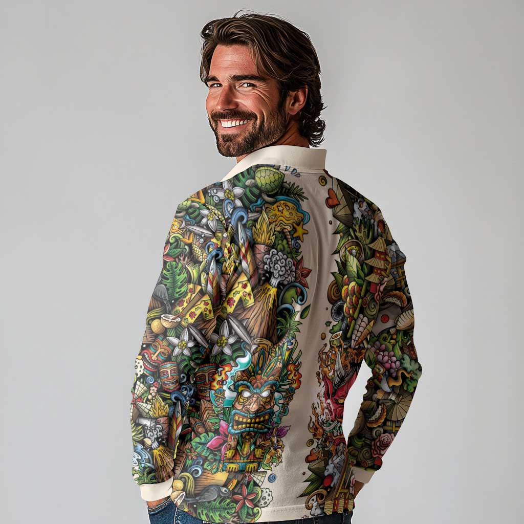 Hawaii And Japan Long Sleeve Polo Shirt Tiki With Oni Mask - Polynesian Pride