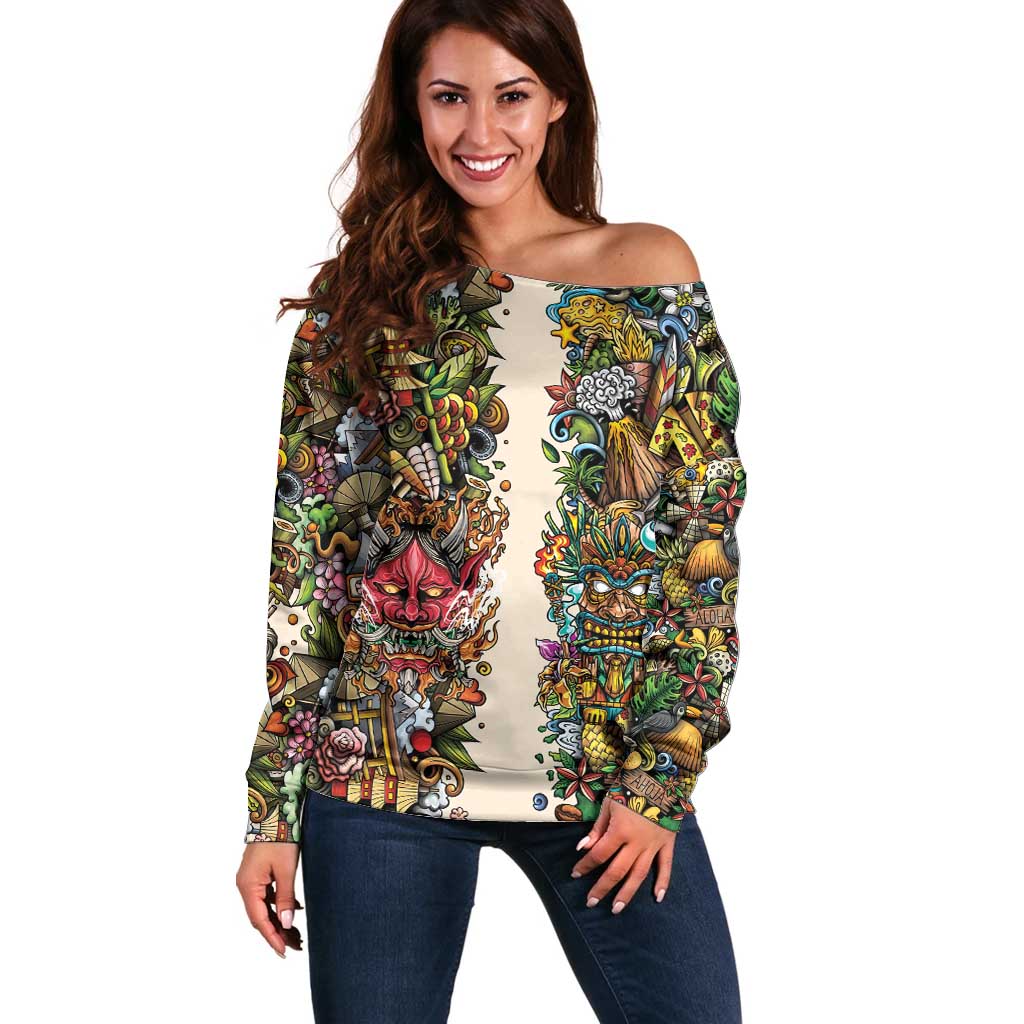 Hawaii And Japan Off Shoulder Sweater Tiki With Oni Mask - Polynesian Pride