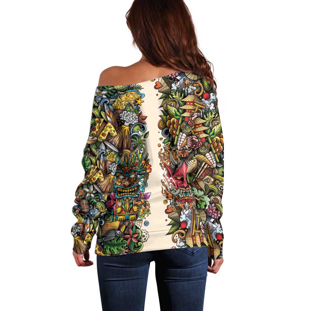 Hawaii And Japan Off Shoulder Sweater Tiki With Oni Mask - Polynesian Pride