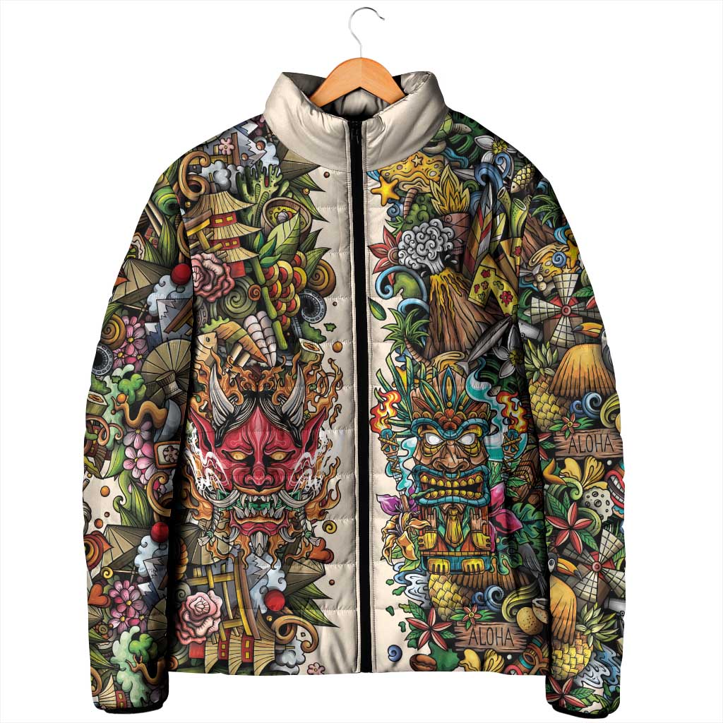 Hawaii And Japan Padded Jacket Tiki With Oni Mask - Polynesian Pride