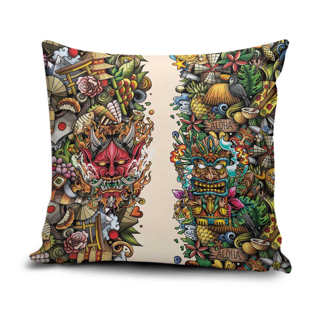 Hawaii And Japan Pillow Cover Tiki With Oni Mask LT05 Colorful - Polynesian Pride