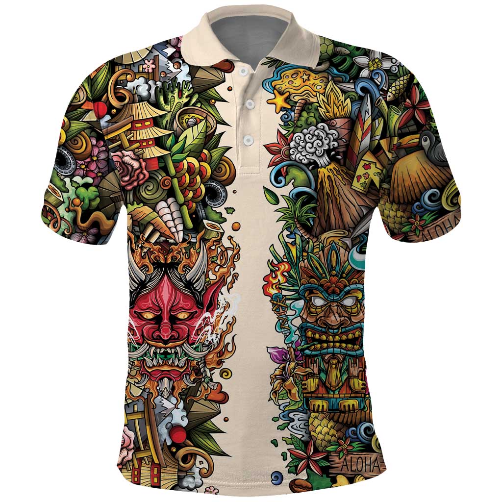 Hawaii And Japan Polo Shirt Tiki With Oni Mask - Polynesian Pride