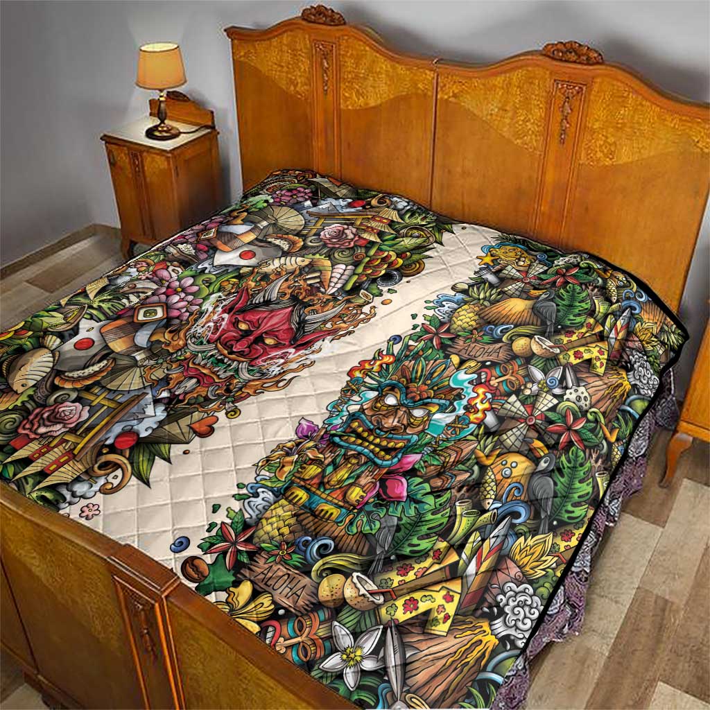 Hawaii And Japan Quilt Tiki With Oni Mask - Polynesian Pride