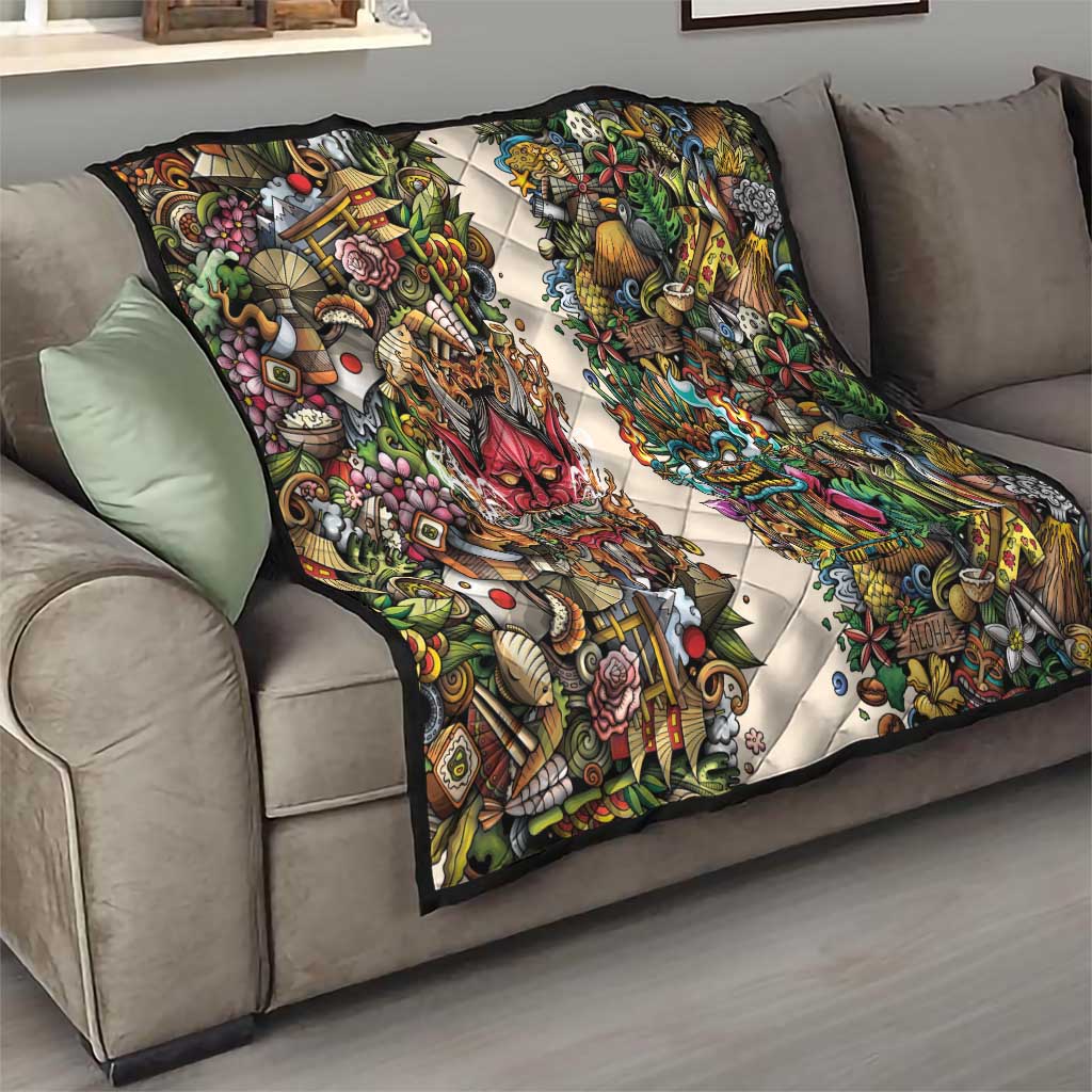 Hawaii And Japan Quilt Tiki With Oni Mask - Polynesian Pride