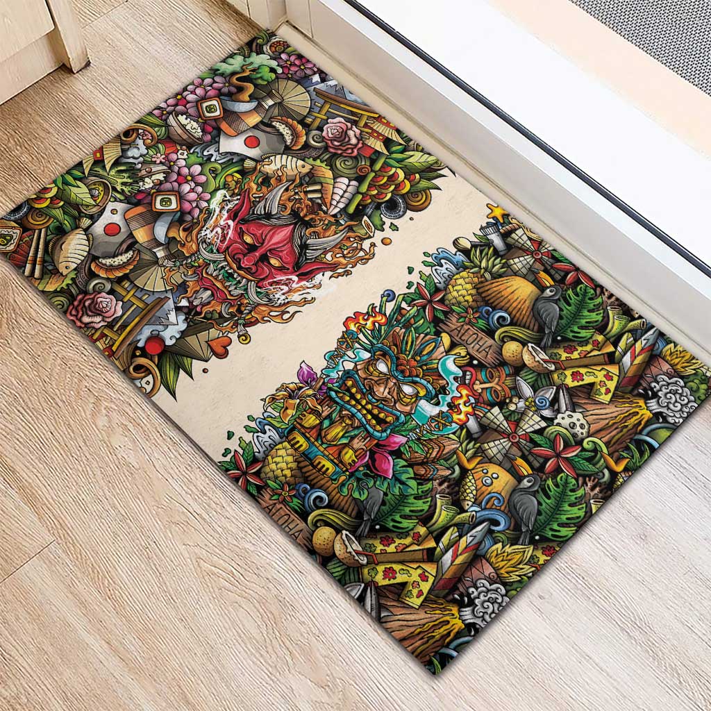 Hawaii And Japan Rubber Doormat Tiki With Oni Mask - Polynesian Pride