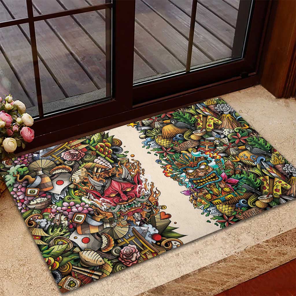Hawaii And Japan Rubber Doormat Tiki With Oni Mask - Polynesian Pride