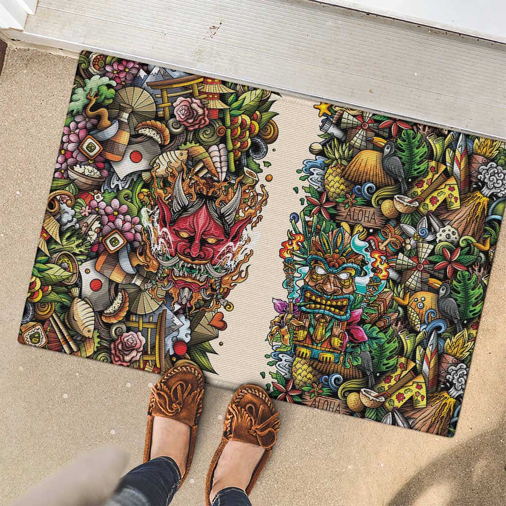 Hawaii And Japan Rubber Doormat Tiki With Oni Mask - Polynesian Pride