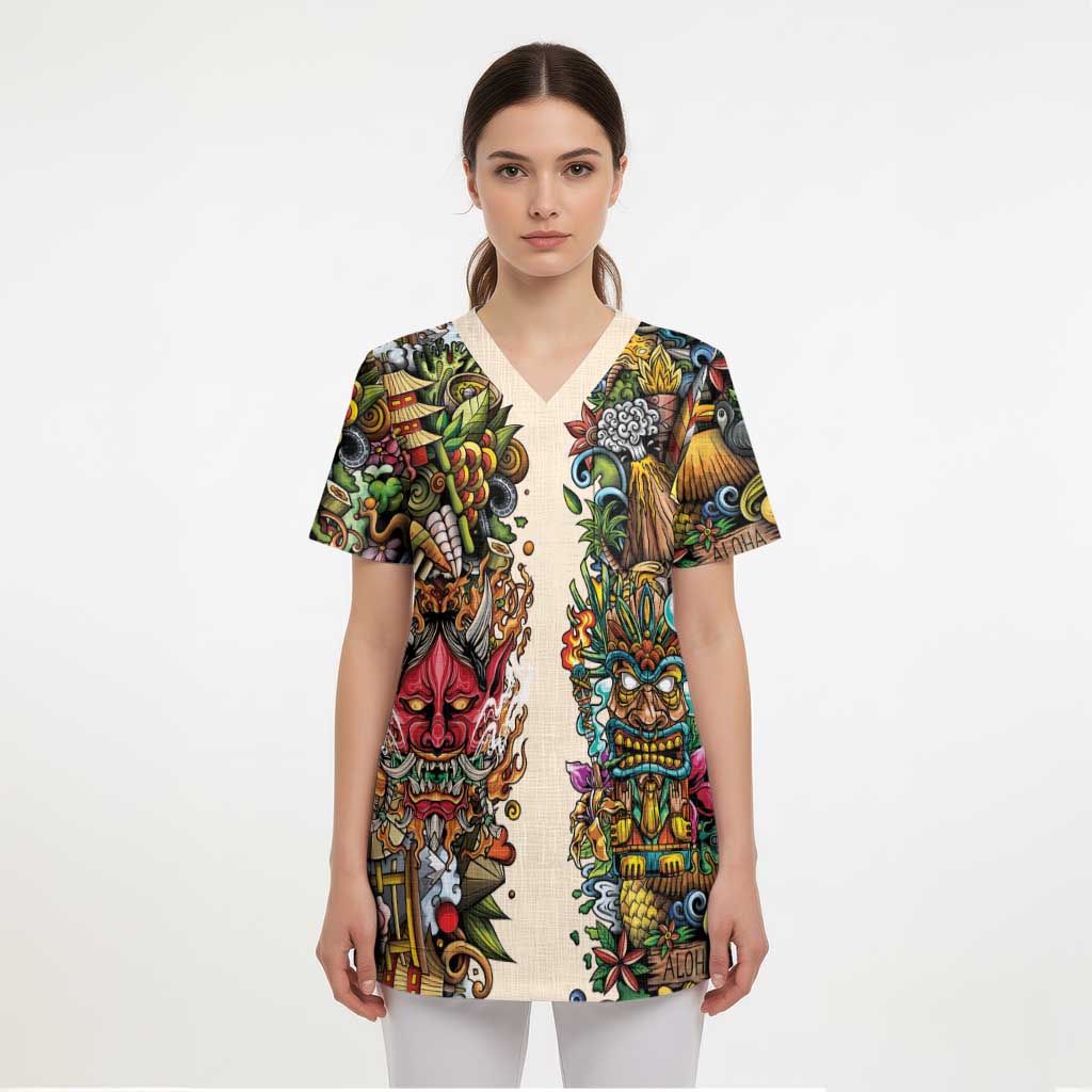 Hawaii And Japan Scrub Top Tiki With Oni Mask - Polynesian Pride