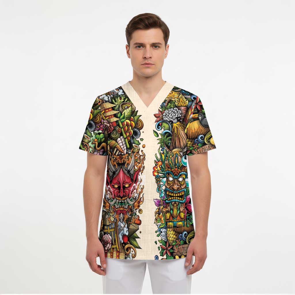 Hawaii And Japan Scrub Top Tiki With Oni Mask - Polynesian Pride