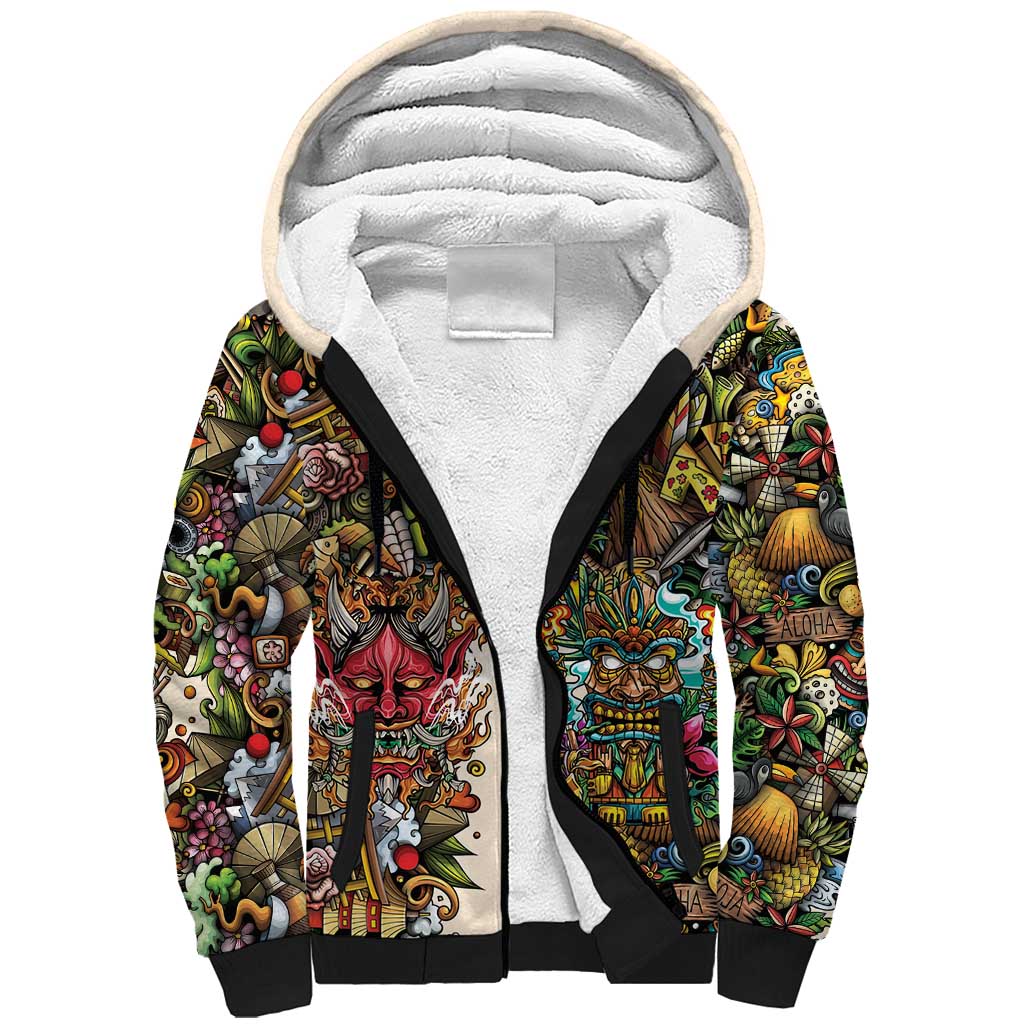 Hawaii And Japan Sherpa Hoodie Tiki With Oni Mask LT05 Unisex Colorful - Polynesian Pride