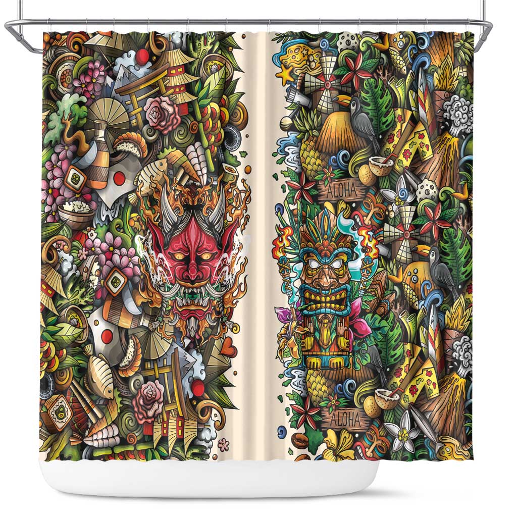Hawaii And Japan Shower Curtain Tiki With Oni Mask LT05 Colorful - Polynesian Pride