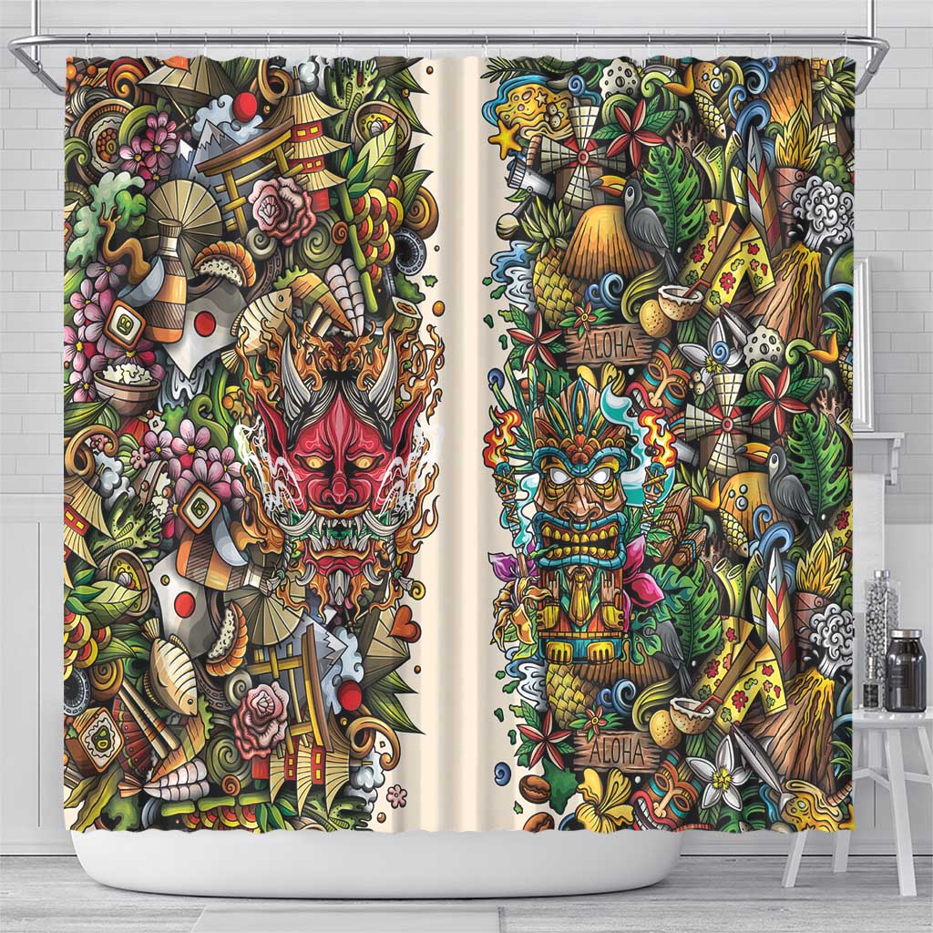Hawaii And Japan Shower Curtain Tiki With Oni Mask - Polynesian Pride