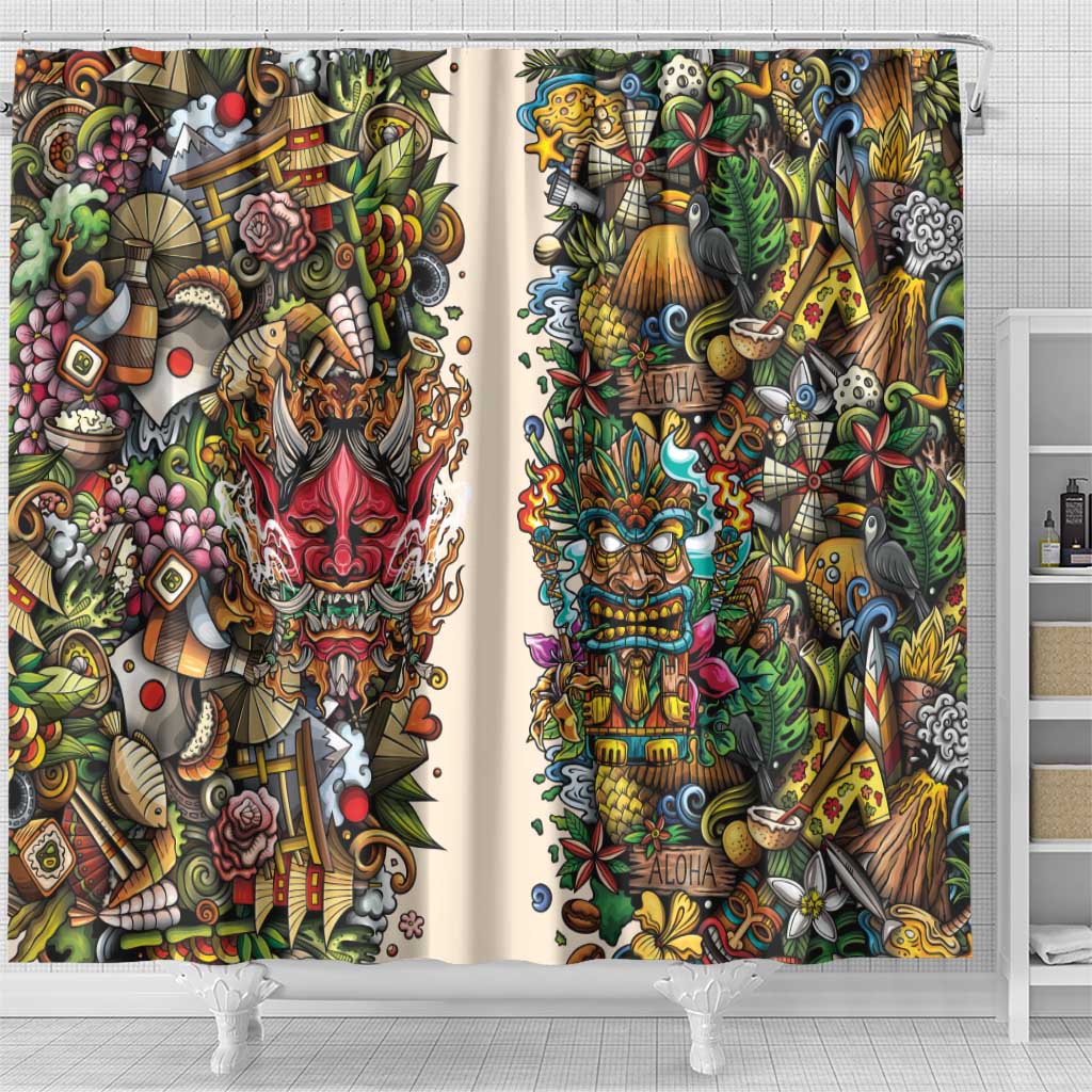 Hawaii And Japan Shower Curtain Tiki With Oni Mask - Polynesian Pride
