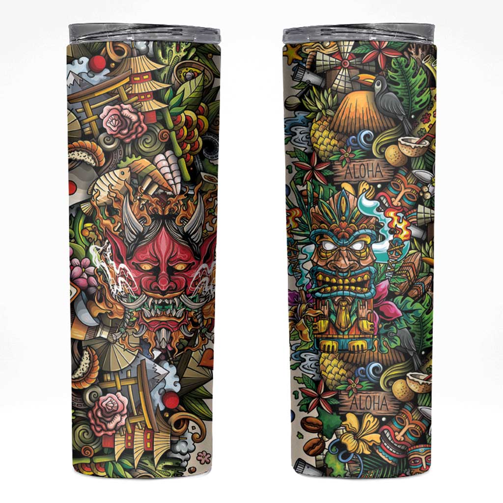 Hawaii And Japan Skinny Tumbler Tiki With Oni Mask - Polynesian Pride