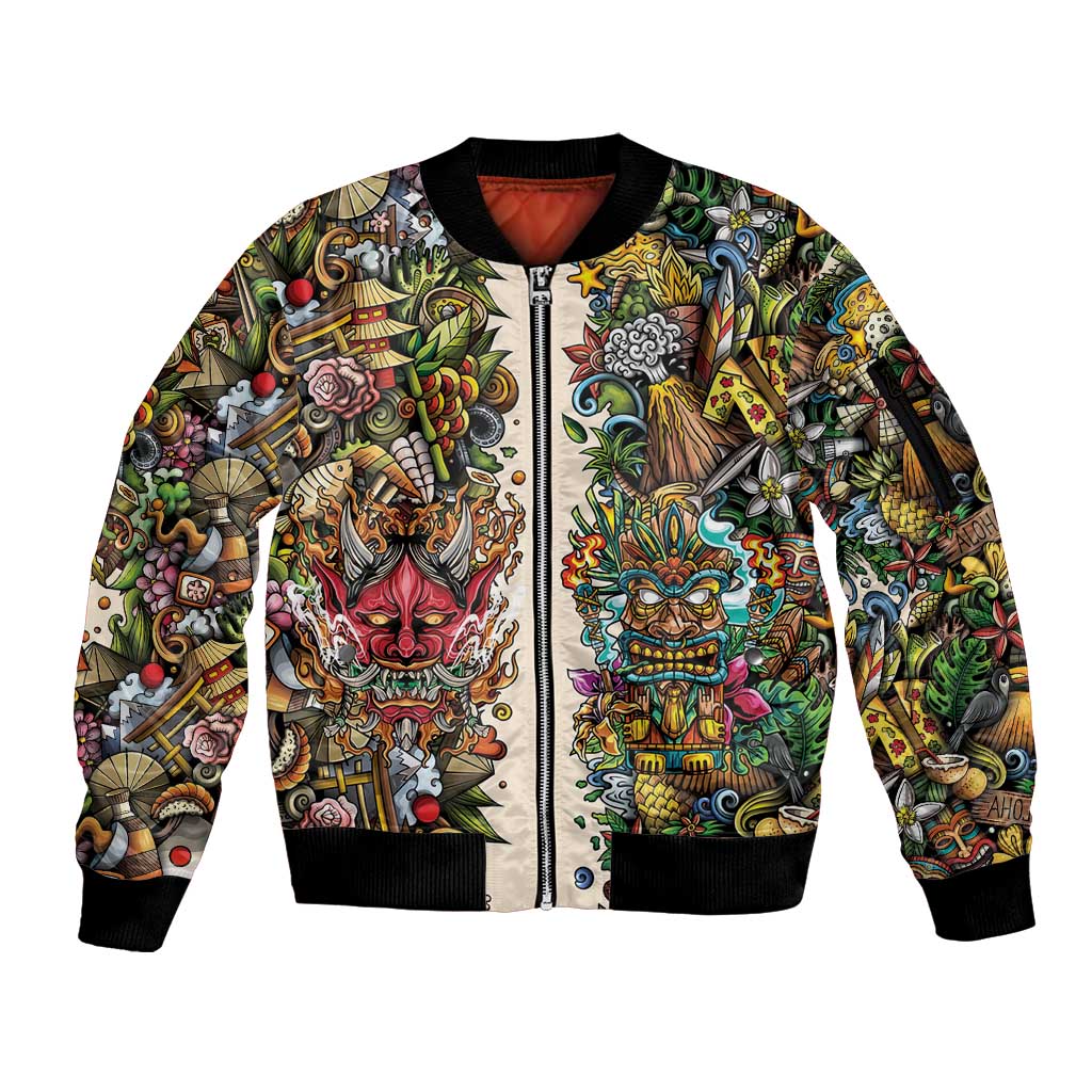Hawaii And Japan Sleeve Zip Bomber Jacket Tiki With Oni Mask - Polynesian Pride