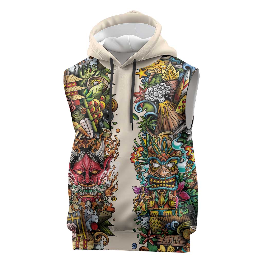 Hawaii And Japan Sleeveless Hoodie Tiki With Oni Mask LT05 Colorful - Polynesian Pride