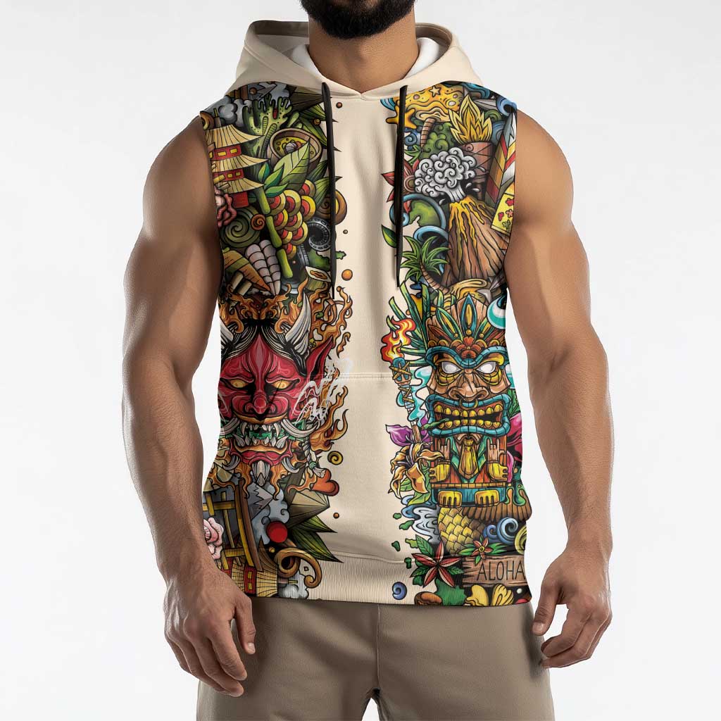 Hawaii And Japan Sleeveless Hoodie Tiki With Oni Mask - Polynesian Pride