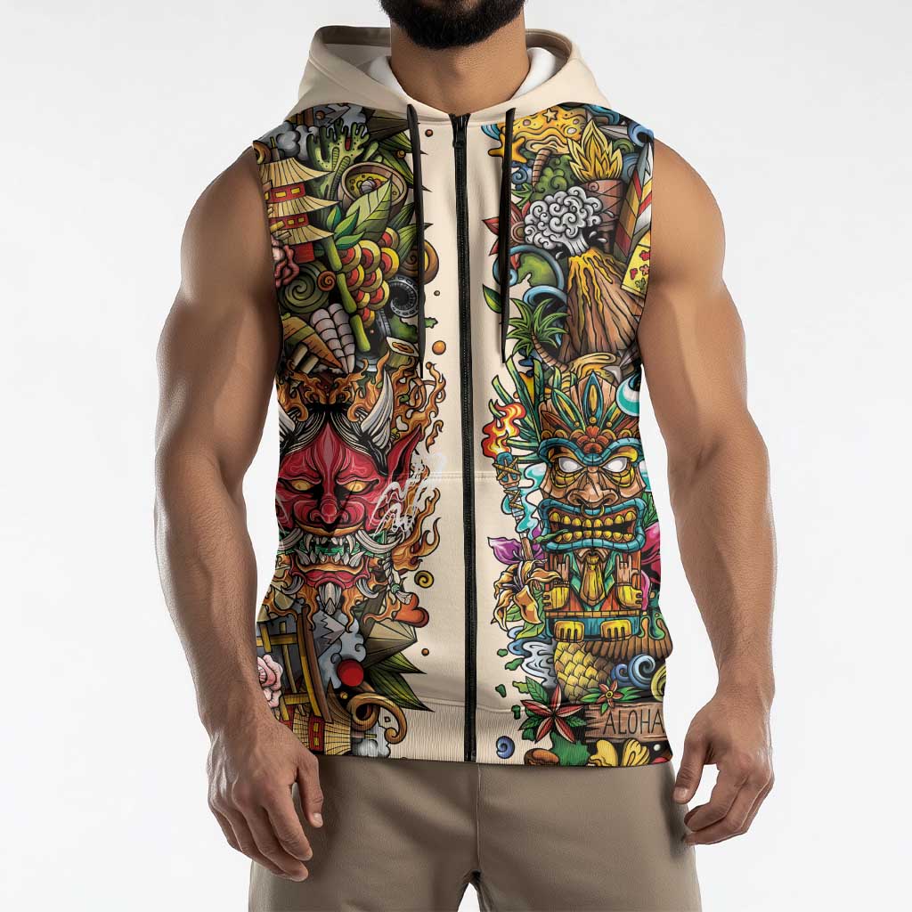 Hawaii And Japan Sleeveless Zip Hoodie Tiki With Oni Mask - Polynesian Pride
