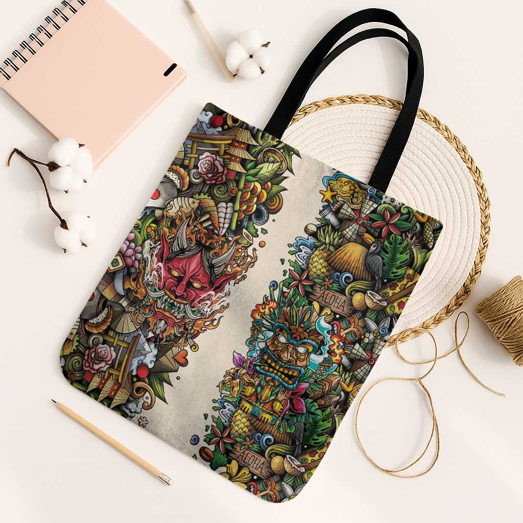 Hawaii And Japan Tote Bag Tiki With Oni Mask LT05 Black Strap One Size Colorful - Polynesian Pride