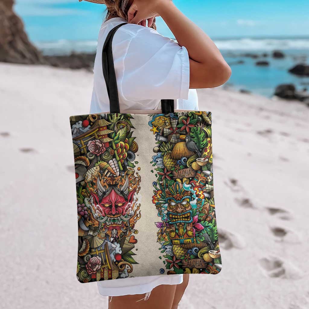 Hawaii And Japan Tote Bag Tiki With Oni Mask - Polynesian Pride