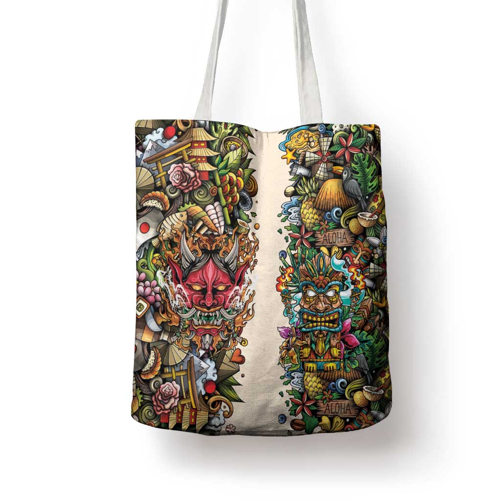 Hawaii And Japan Tote Bag Tiki With Oni Mask - Polynesian Pride