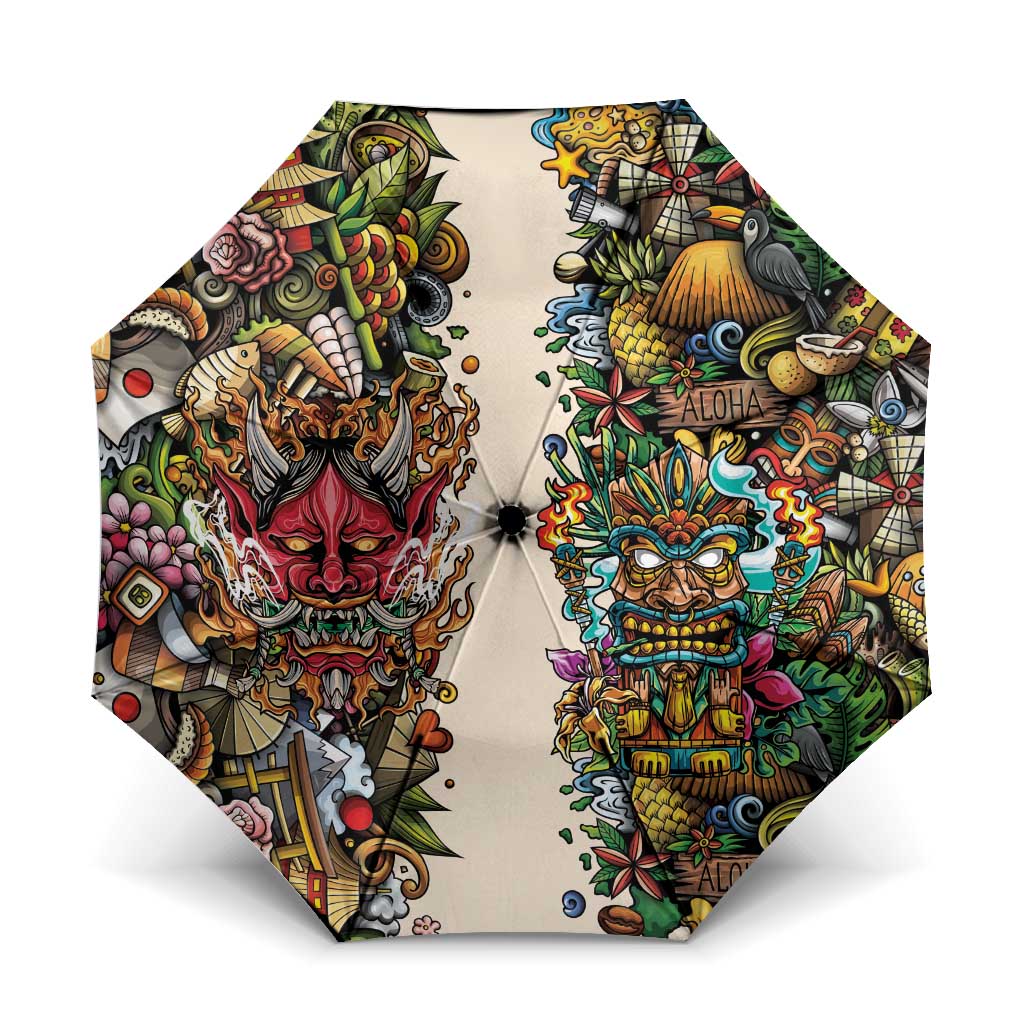 Hawaii And Japan Umbrella Tiki With Oni Mask - Polynesian Pride