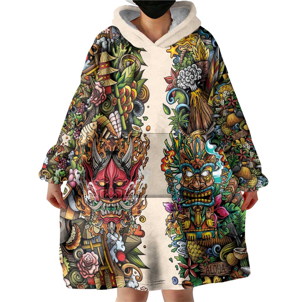 Hawaii And Japan Wearable Blanket Hoodie Tiki With Oni Mask - Polynesian Pride