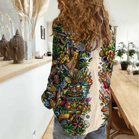 Hawaii And Japan Women Casual Shirt Tiki With Oni Mask - Polynesian Pride