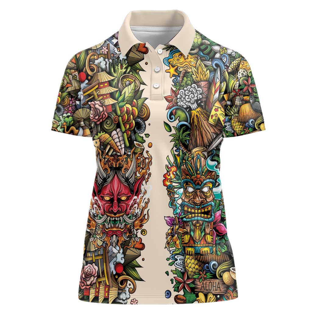 Hawaii And Japan Women Polo Shirt Tiki With Oni Mask - Polynesian Pride