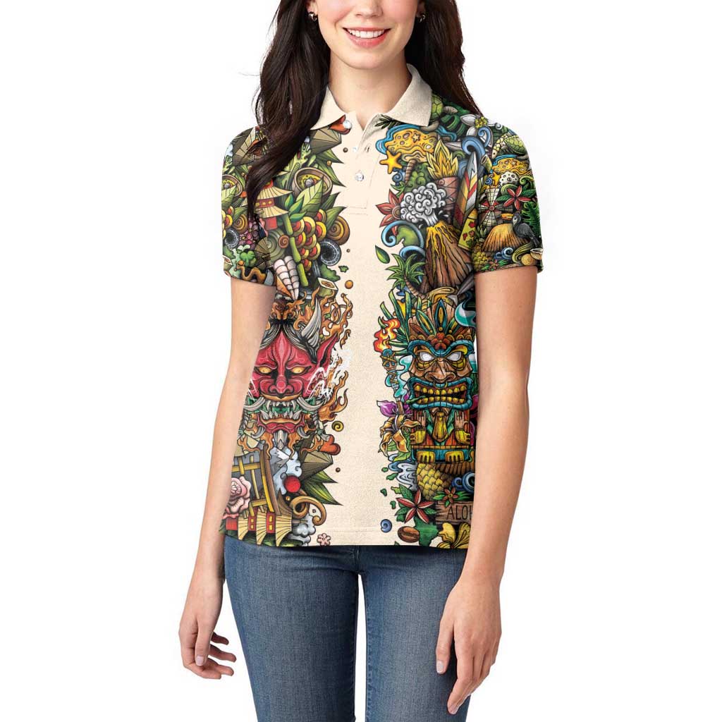 Hawaii And Japan Women Polo Shirt Tiki With Oni Mask - Polynesian Pride