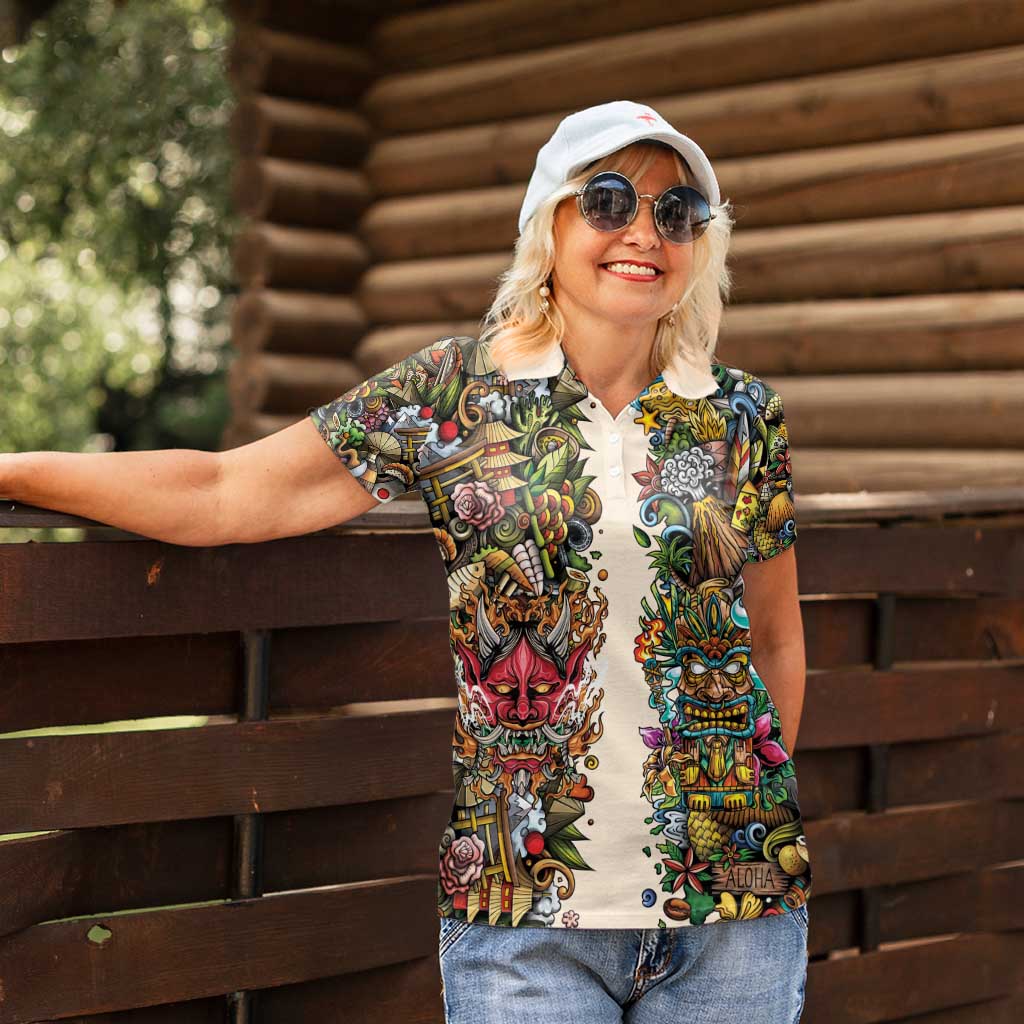 Hawaii And Japan Women Polo Shirt Tiki With Oni Mask - Polynesian Pride