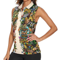 Hawaii And Japan Women Sleeveless Polo Shirt Tiki With Oni Mask - Polynesian Pride