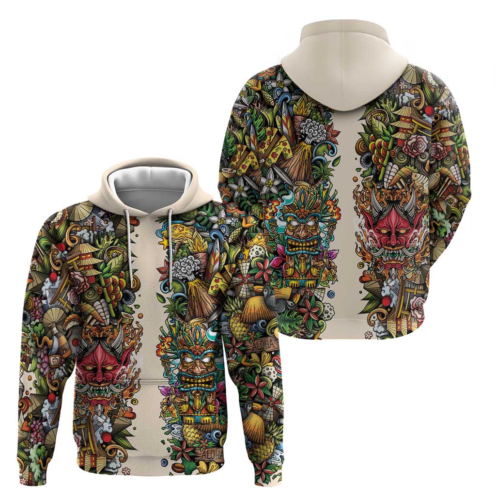 Hawaii And Japan Zip Hoodie Tiki With Oni Mask - Polynesian Pride