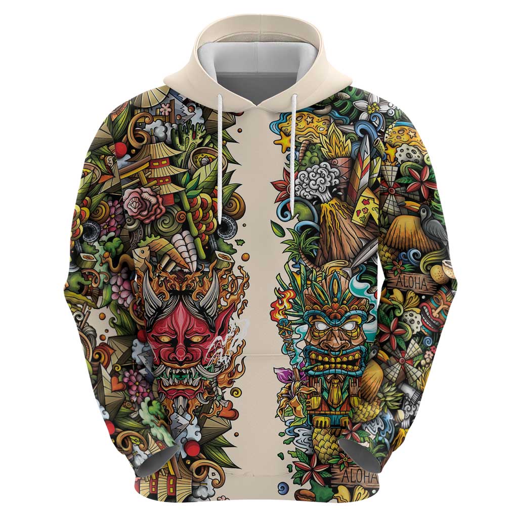 Hawaii And Japan Zip Hoodie Tiki With Oni Mask - Polynesian Pride
