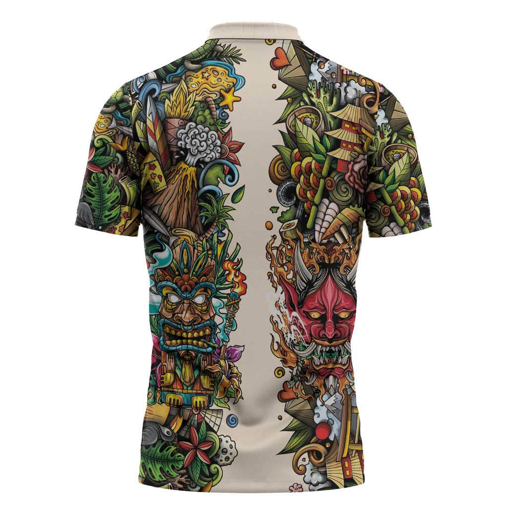 Hawaii And Japan Zipper Polo Shirt Tiki With Oni Mask - Polynesian Pride